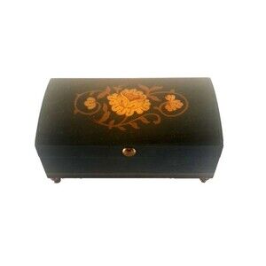 Vintage Italian Wood Inlay Trinket Music Box Black Memory Reuge Sorrento 5.5x3